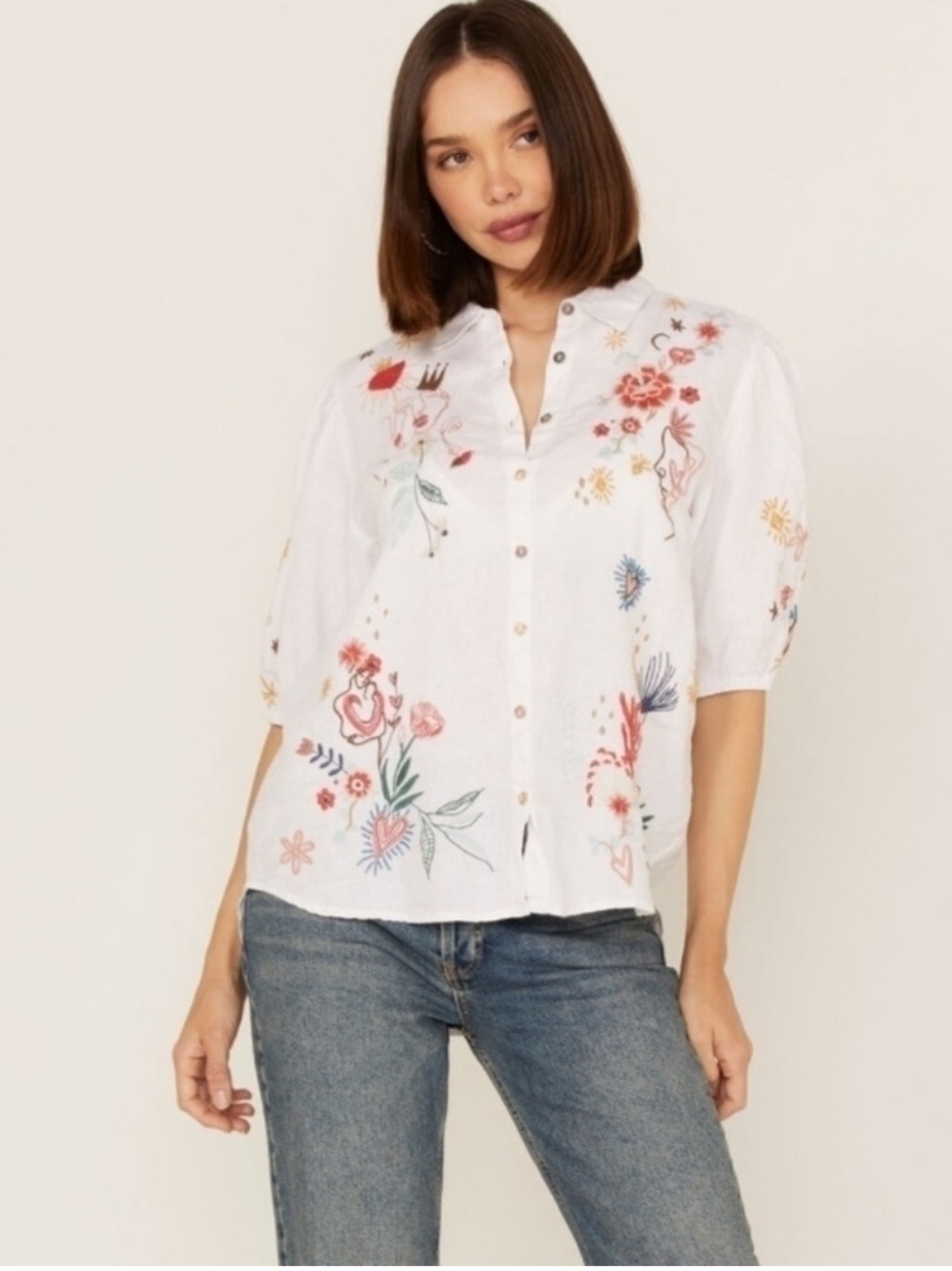 Johnny Was Women's Lisbon Linen Embroidered Blouse Top Size Small